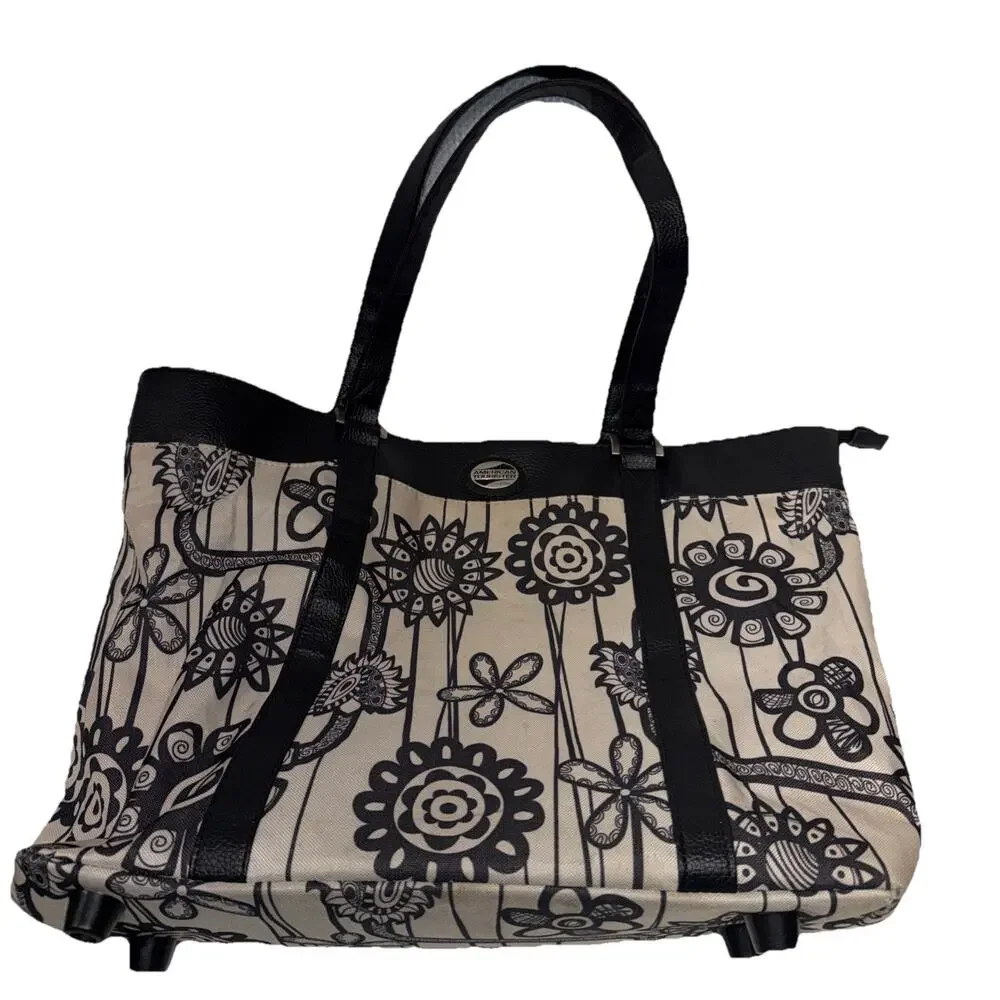 American Tourister Travel Bag Black Tan Floral Print Tote Bag 19”x13”x5”